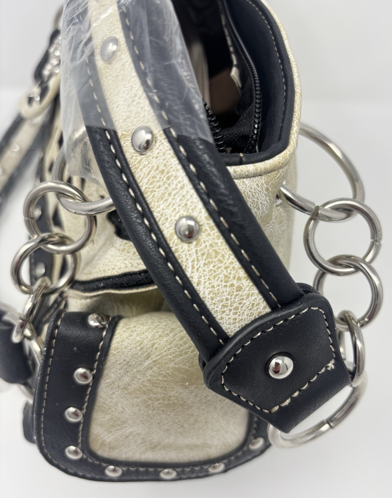 Western Rhinestone Studded Satchel Handbag Cream Black Cutout Faux Leather Purse