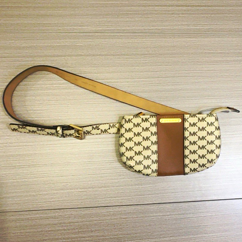 Michael Kors Beige/Brown Logo Small Zip Crossbody, Adjustable Detachable Strap