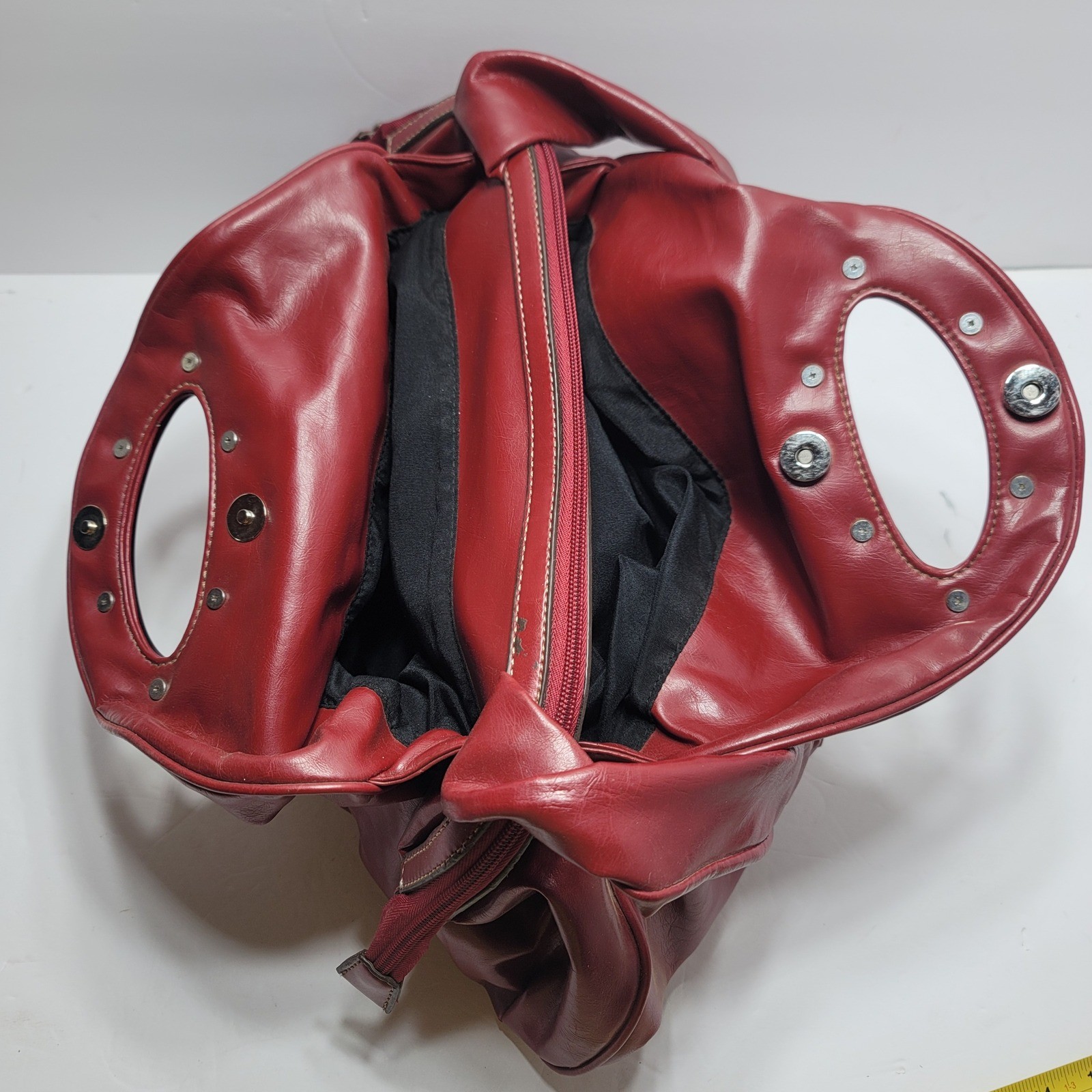 Red Ruched Scrunchie Strap Vintage Type Hobo Bag Resin Circle Handle Side Pocket