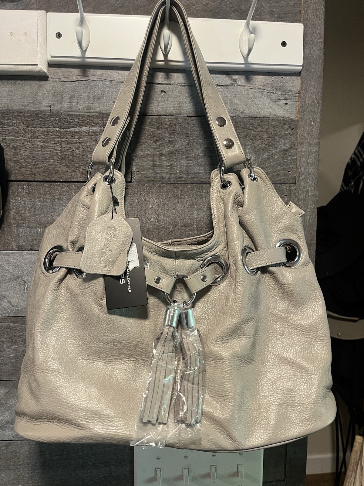 Donna Bella Designs Gray Pebbled Shoulder Bag Tassel Silver Zip Detachable Strap