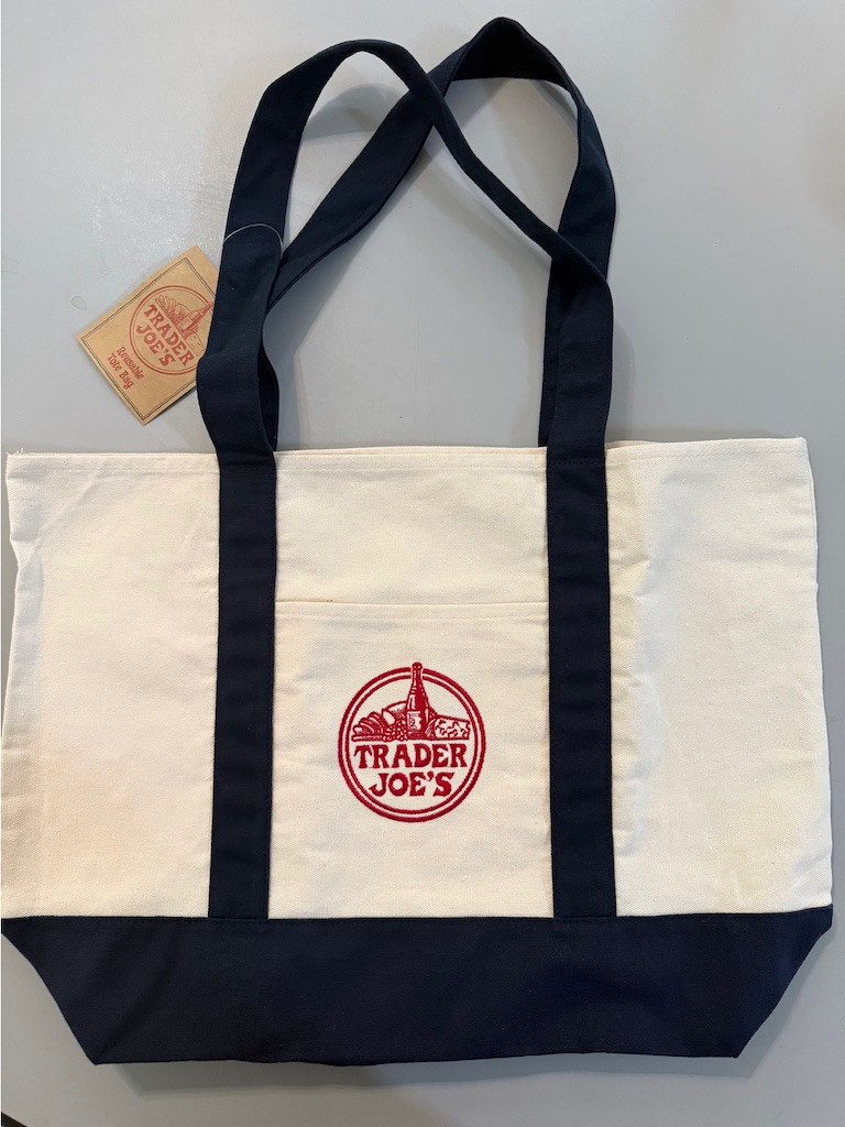 NWT Trader Joe’s Canvas Large Tote Bag, Color Beige With Navy Blue Pattern