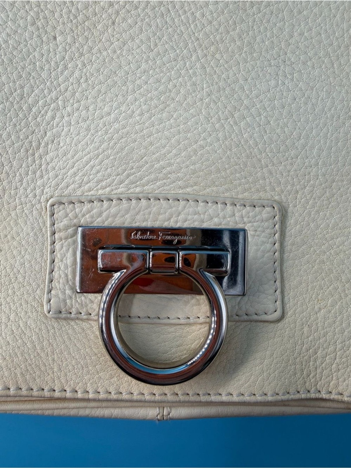 Salvatore Ferragamo Gancini Leather Flap Shoulder Bag Silver Hardware Cream