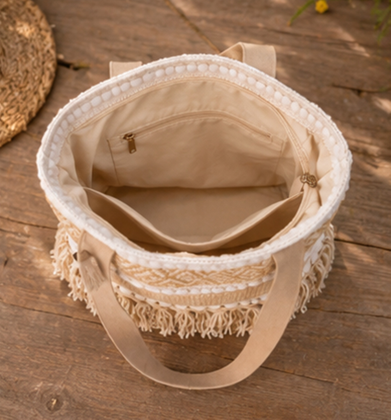 Boho Fringe Tote Bag, Woven Cotton Beach Bag, Handmade Tassel Shoulder