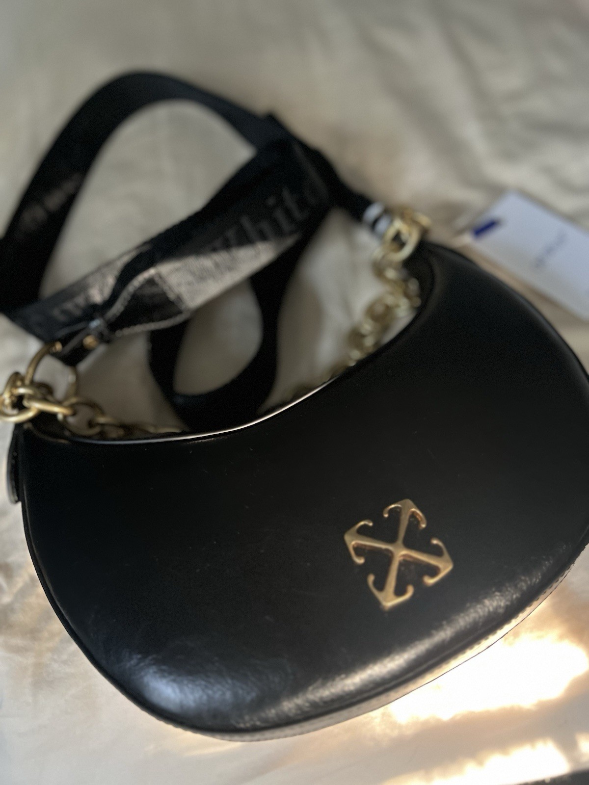 Off-White Hemisphere Hobo Bag W/Chunky Gold Tone Strap Black Leather NWT