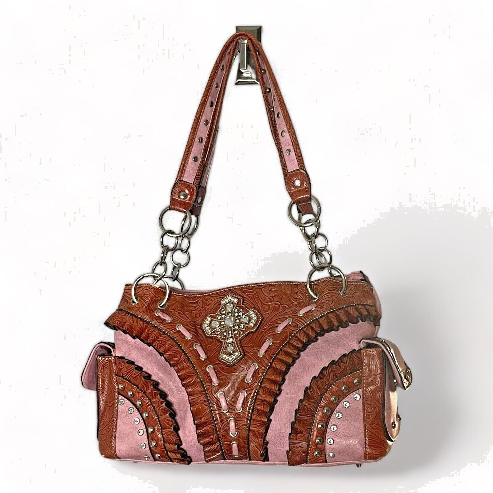 Faux Leather Pink Shoulder Purse Wallet Studded Cross Embossed Ruffle Country