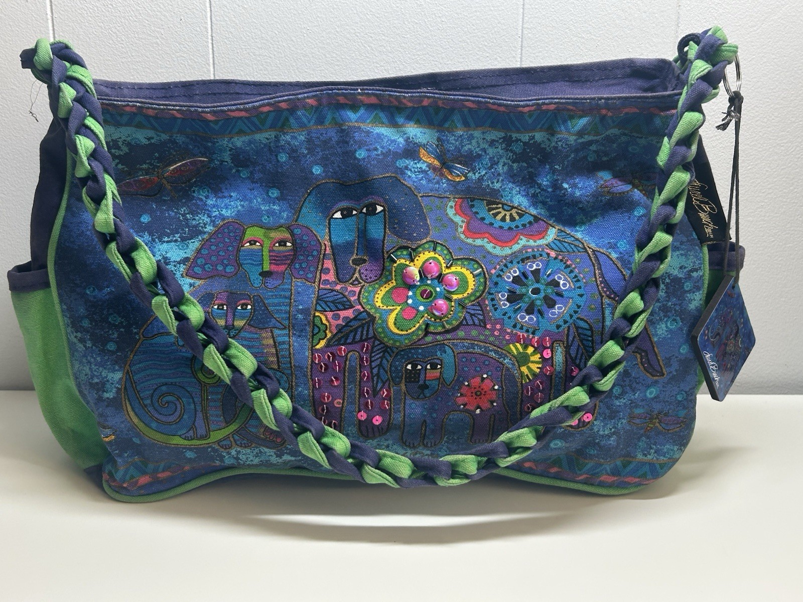 Laurel Burch Canvas Purse Tote Blue With Abstract Dogs Colorful Sequin Bag Charm