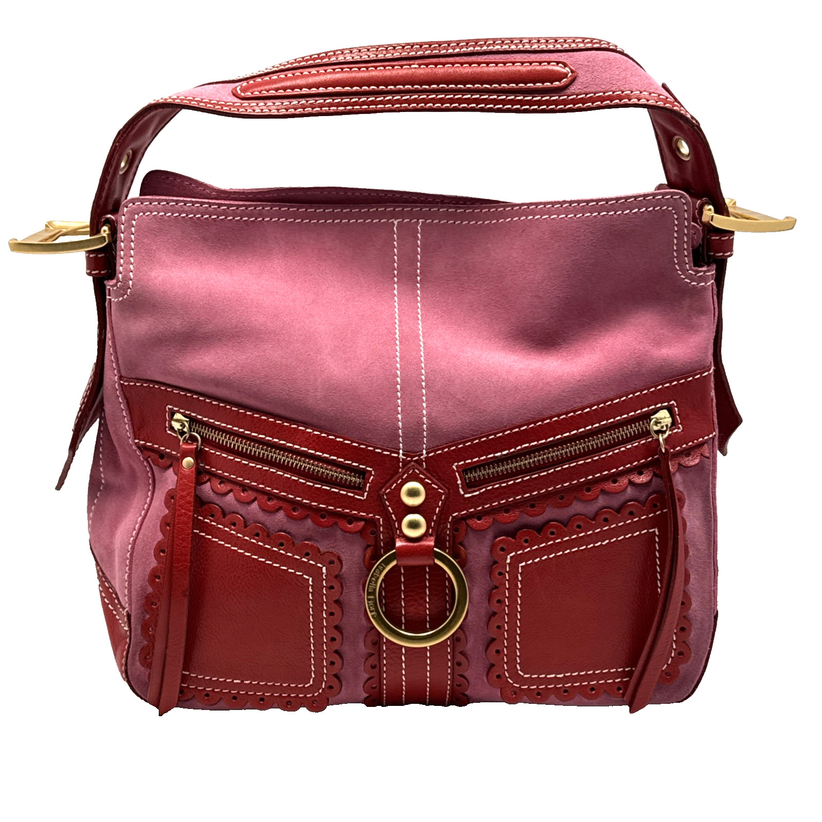 Isabella Fiore Pink Suede Leather Shoulder Bag Red Western Style Purse Handbag