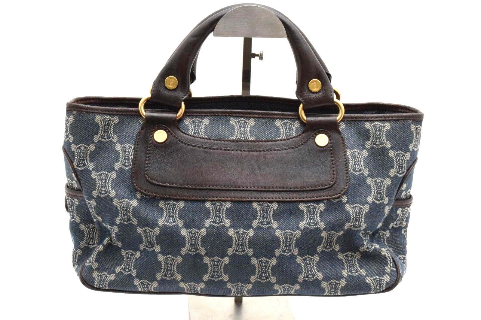 CELINE Boogie Hand Bag Paris Macadam Canvas Indigo Blue Dark Brown