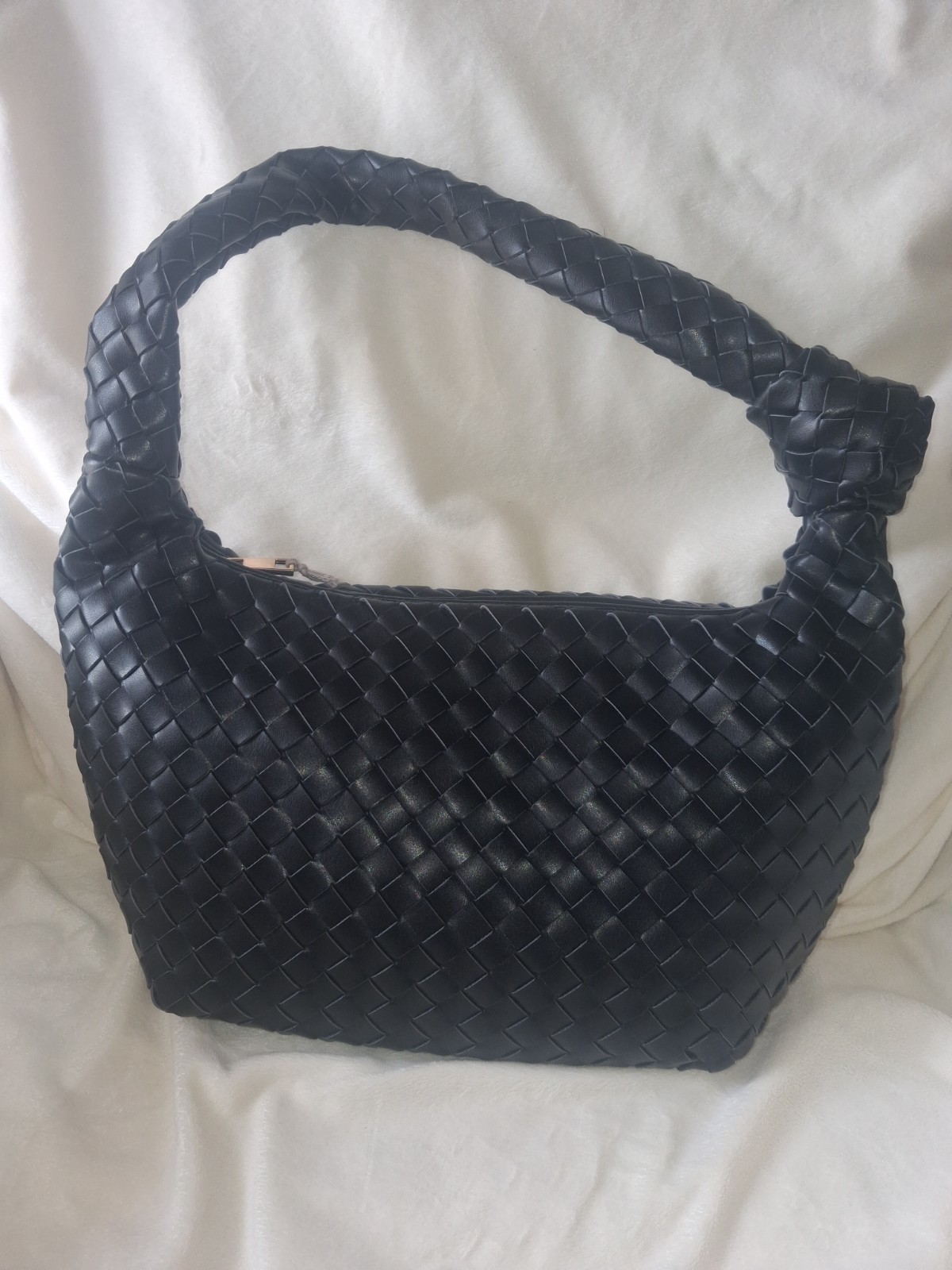A New Day Black Medium Woven Crescent Shoulder Bag Gold Hardware Zip Closure