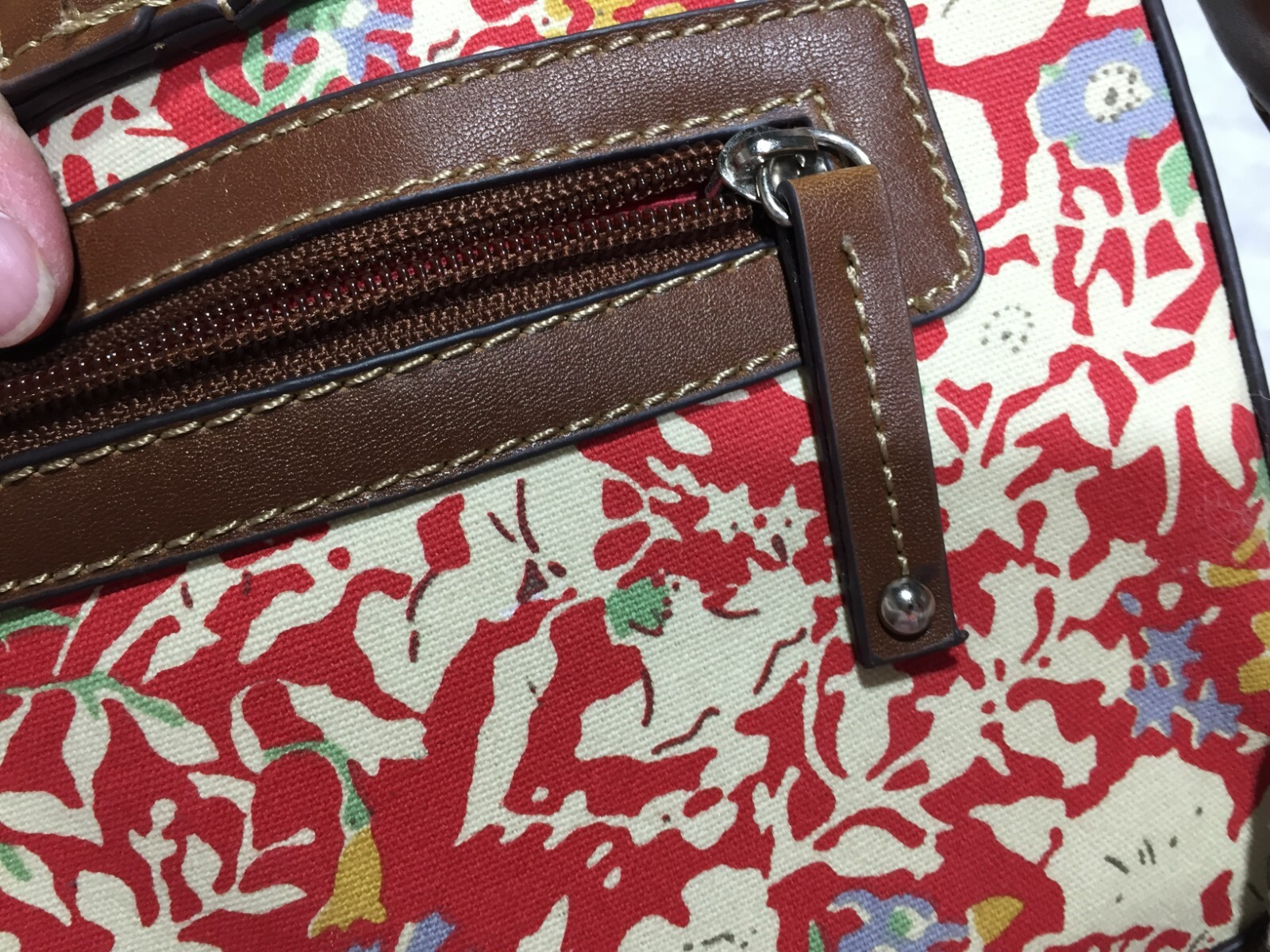 VTG Chaps Tote Handbag Womens Floral Brown Faux Leather Shoulder Strap