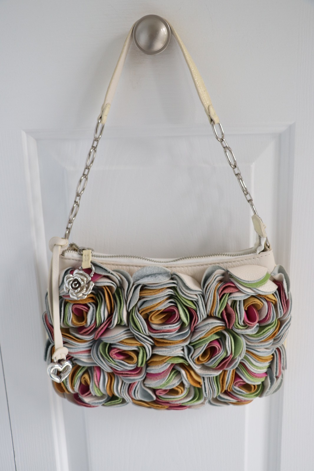 Brighton Masterpiece Collection 3D Leather Cream & Multicolor Floral Handbag