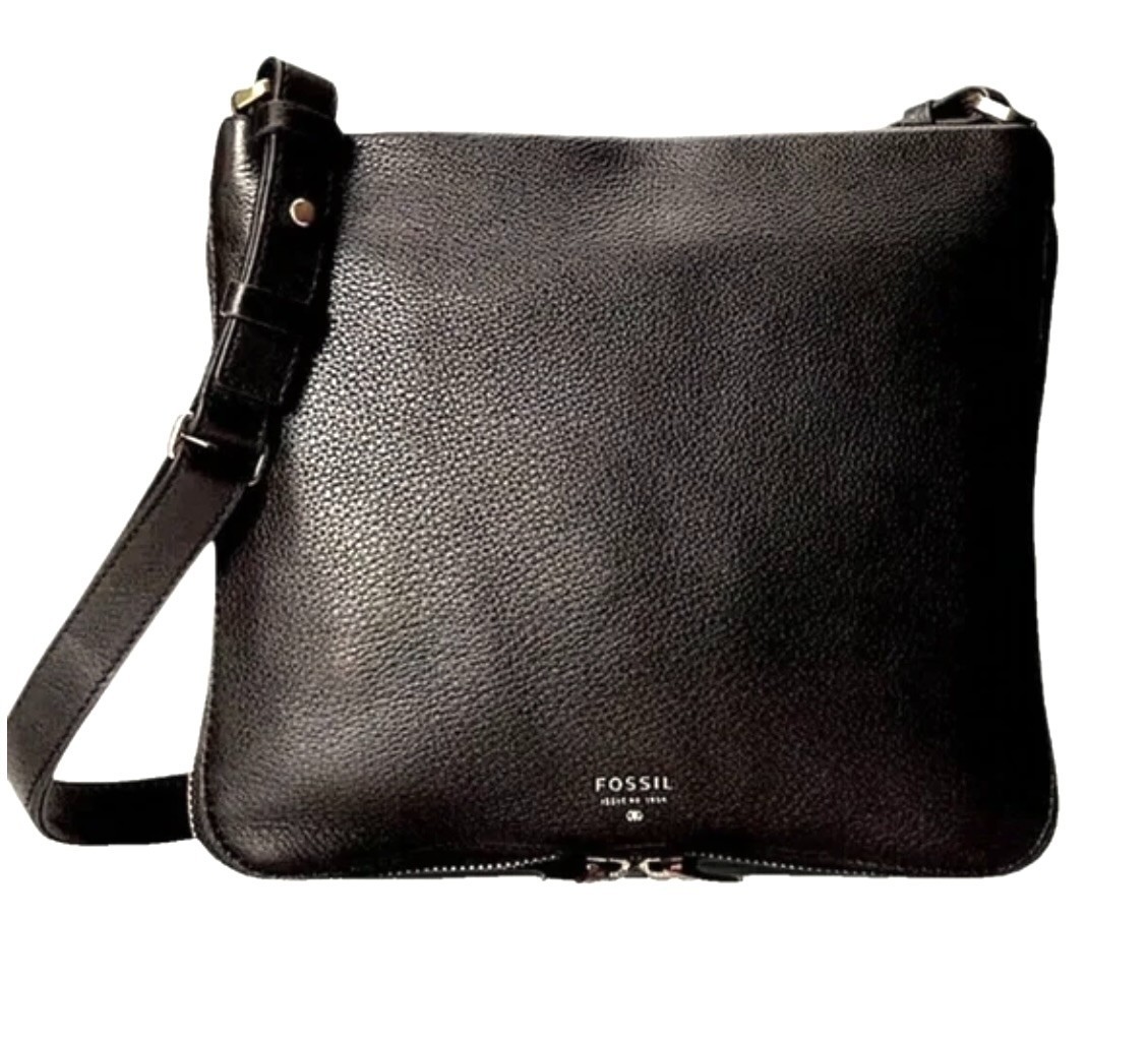 FOSSIL Pebbled Leather Classic Convertible CrossBody Bag Zip Around 12×12 Black