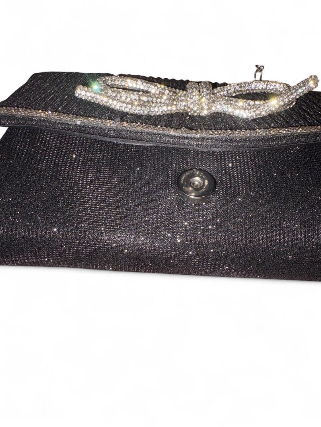 Black Glitter Rhinestone Bow Clutch Silver Chain Strap Magnetic Closure Small