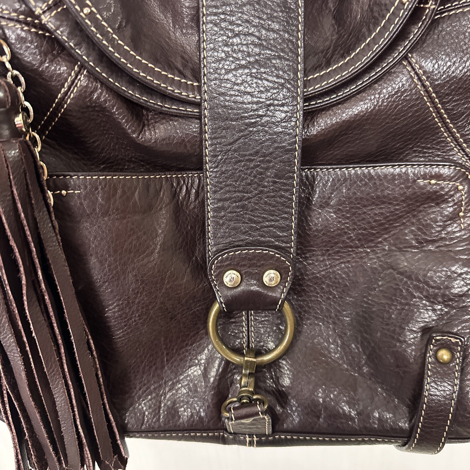 Vintage Hayden Harnett Havana Shoulder Bag Hobo Tassel Brown Leather Topstitch