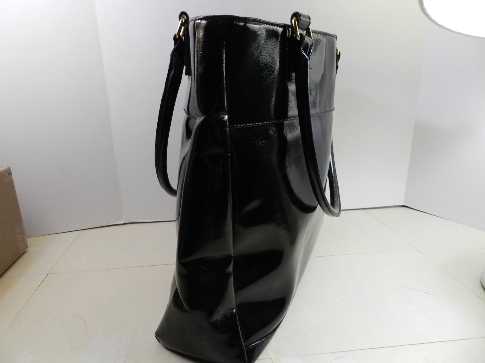 Estee Lauder Black Faux Leather Tote Purple Polyester Line Gold Accents 12 x 14