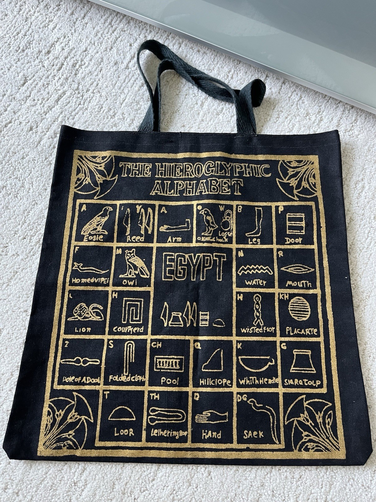 Egypt Hieroglyphic Alphabet Tote Bag Black Gold Pharaoh Canvas Souvenir
