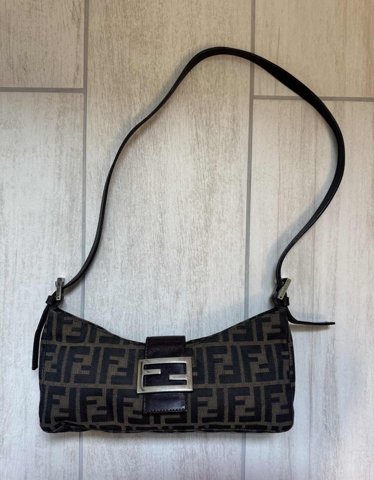 Fendi Zucca FF Monogram Brown Shoulder Bag Zip Top Buckle Silver Hardware