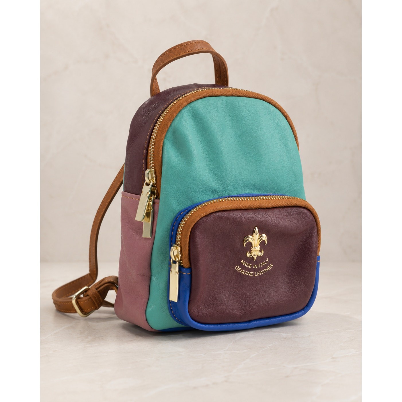 Multicolor Genuine Leather Mini Backpack Crossbody Bag Fleur-de-Lis