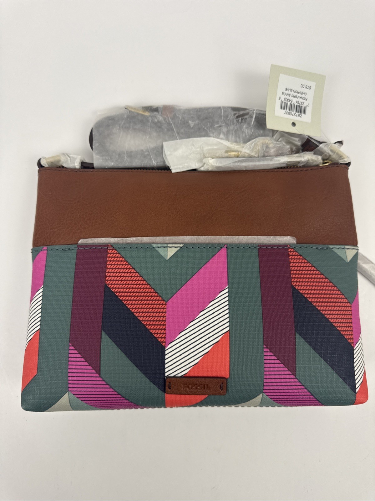 Fossil Purse Brown Pink Fiona Chevron Satchel Crossbody with Key 8″ X 10″