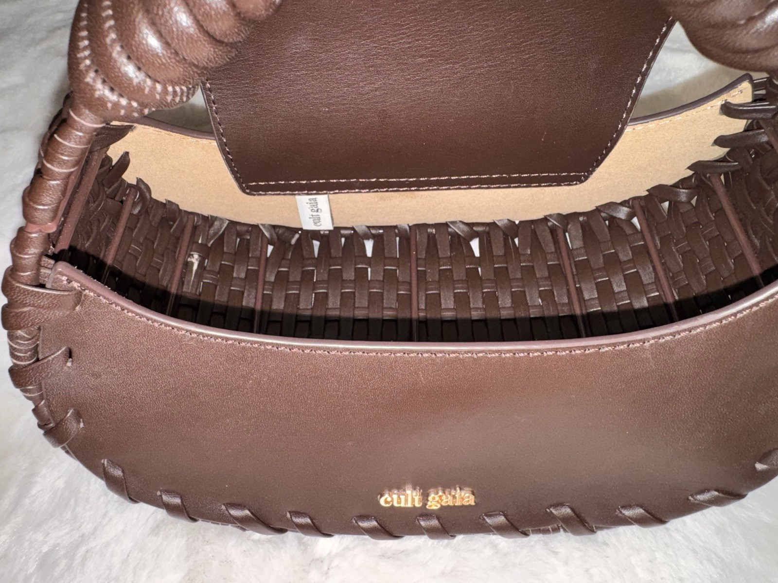 Cult Gaia Aiko Brown Leather with Whip Stitched Top Handle Bag Woven