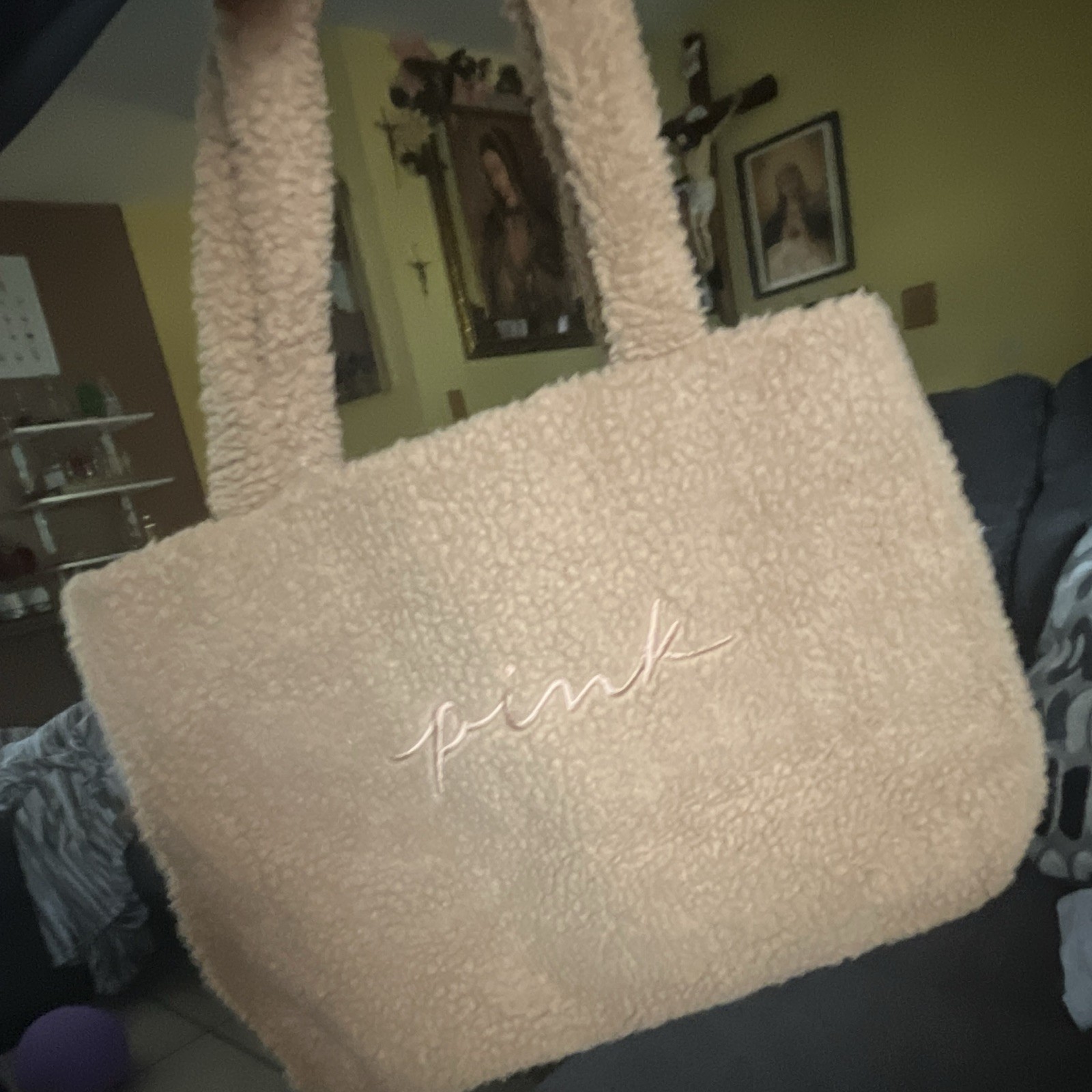 PINK Beige Sherpa Tote Bag Logo Pattern Embroidered Accents Magnetic Close