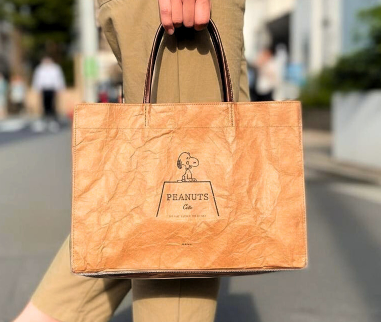 PEANUTS Cafe NGO Brown Bag Tote Crinkled Waterproof Snoopy One Mile Shopper Bag