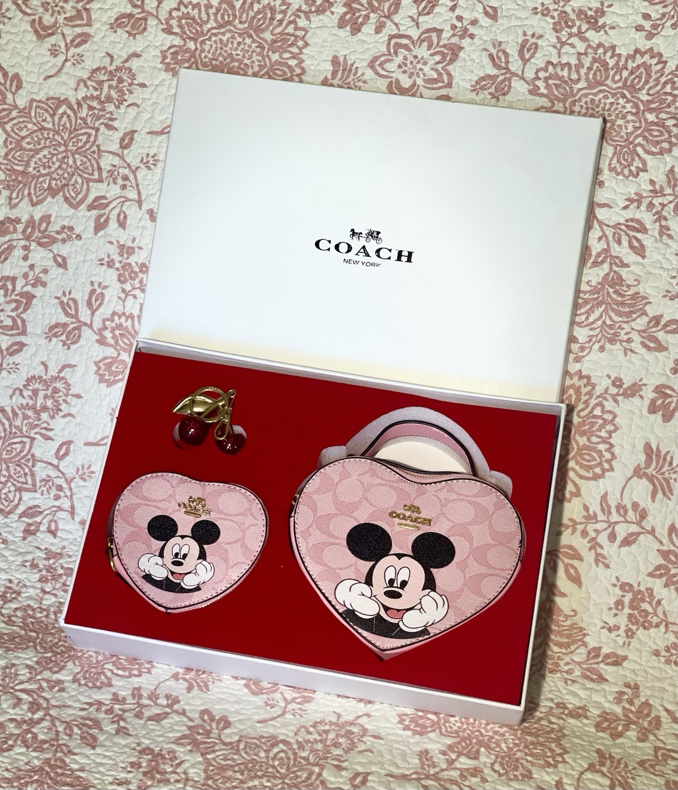 Coach x Disney Mickey Mouse Heart Shaped Bag & Wristlet Set w/ Cherry Bag Charm