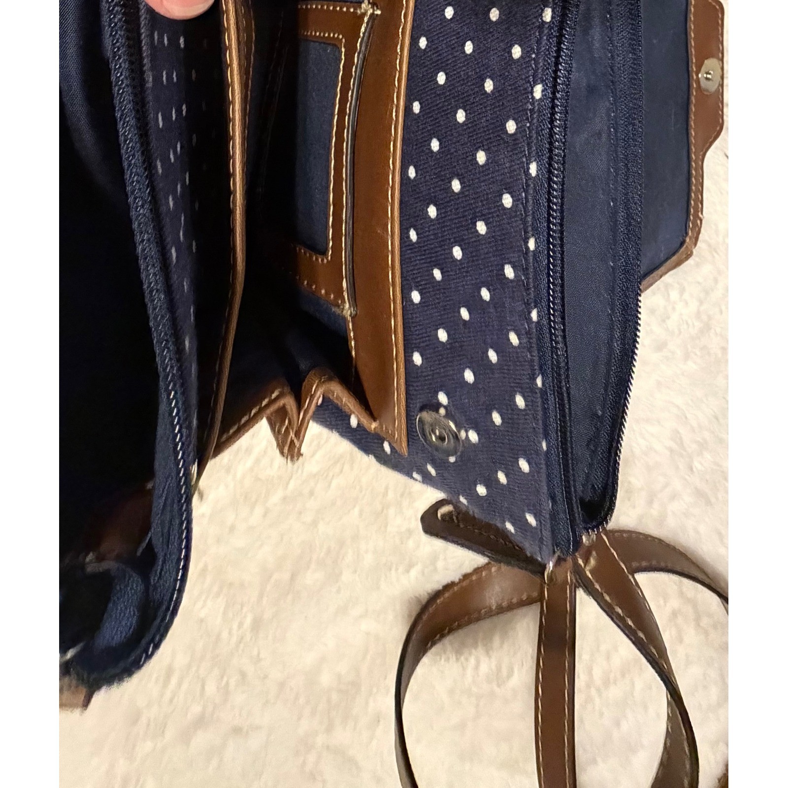 Chaps Navy Blue Polka Dot Crossbody Bag Brown Trim Canvas Small Messenger Purse