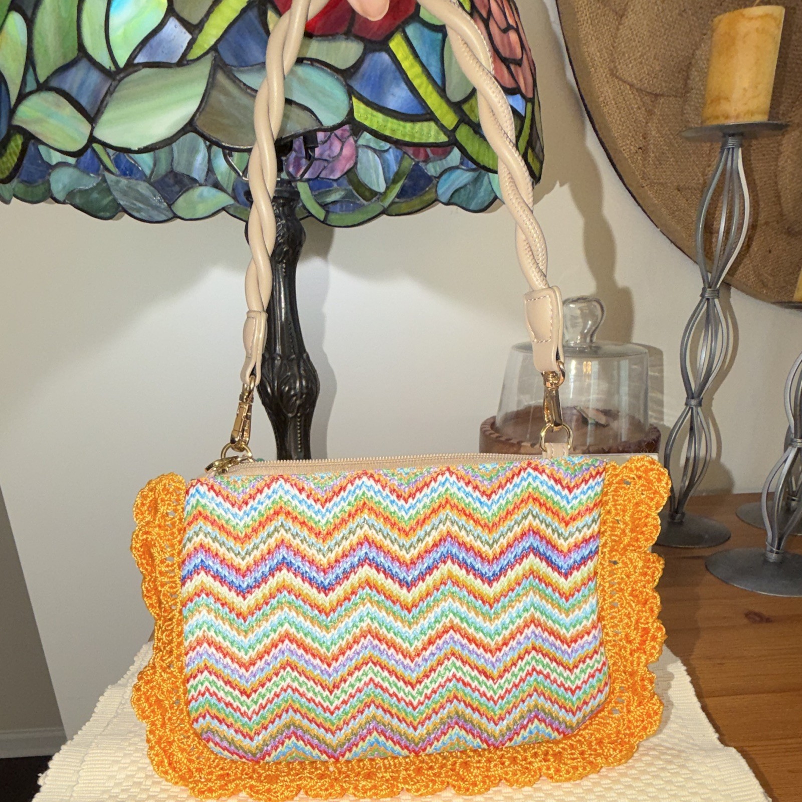 Salvador Bachiller Multicolor Chevron Shoulder Bag Zip Crochet Cherry Charm
