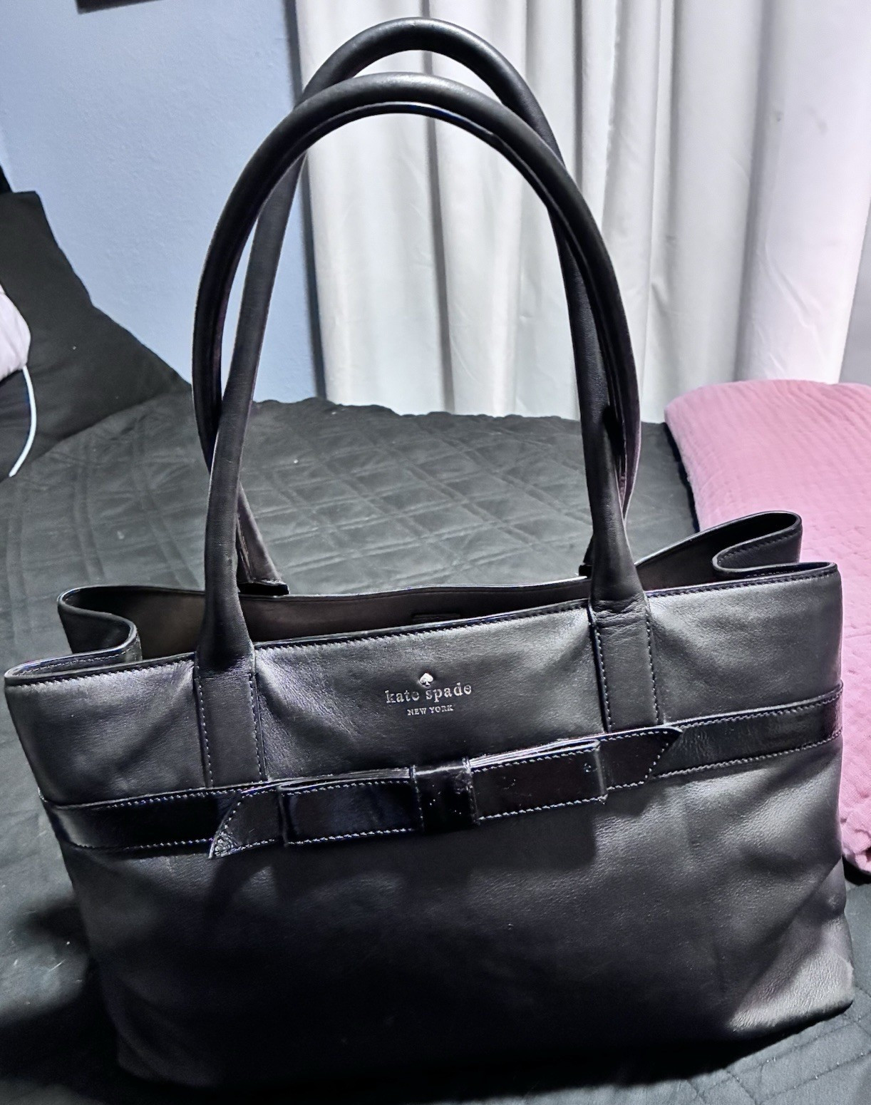 Kate Spade New York Large Black Tote Bag Zip Closure Bow Accent Polka Dot Lined