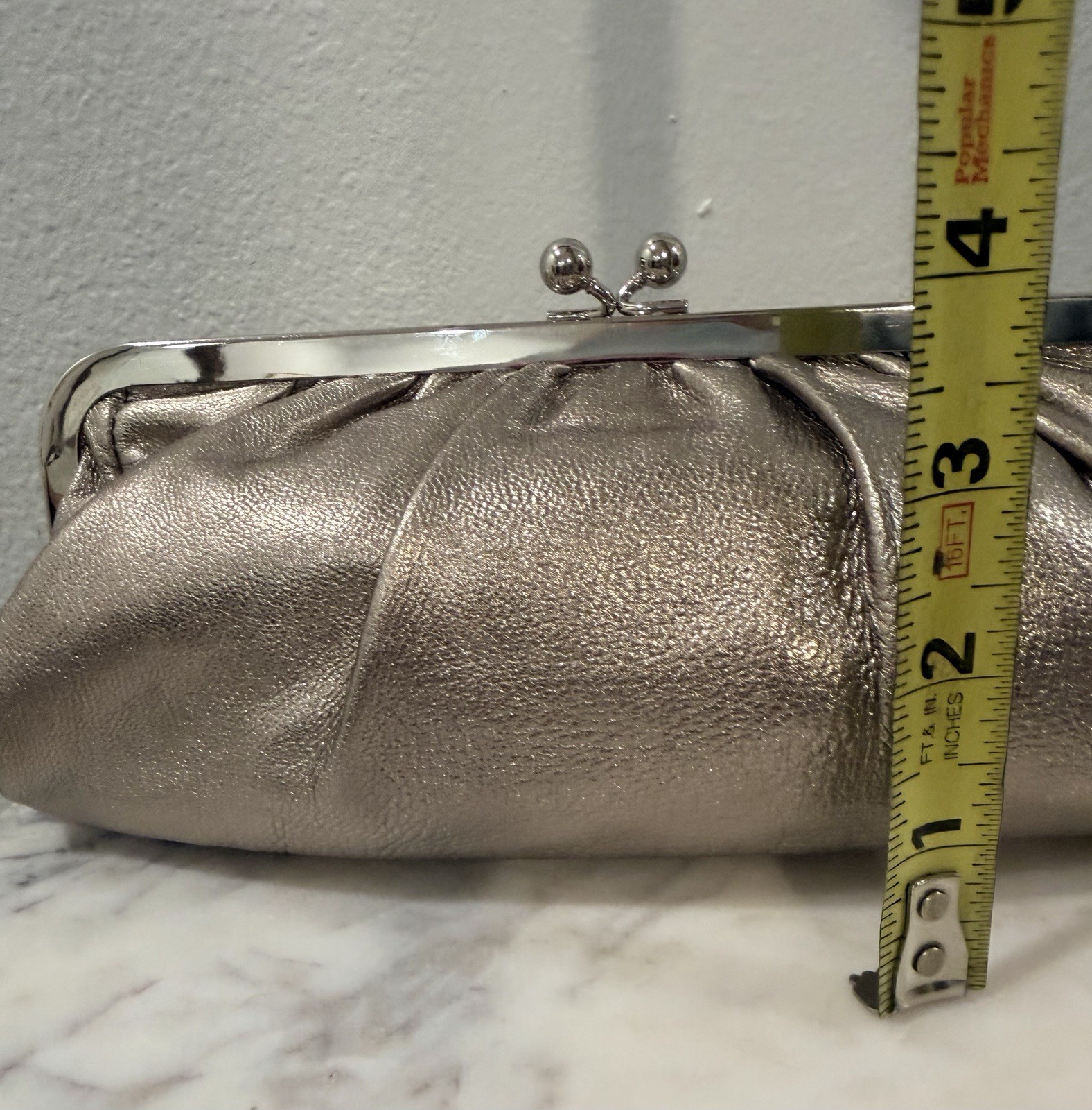 Express Metallic Silver Kiss Lock Pleated Clutch, Lined w/ Inner Pockets