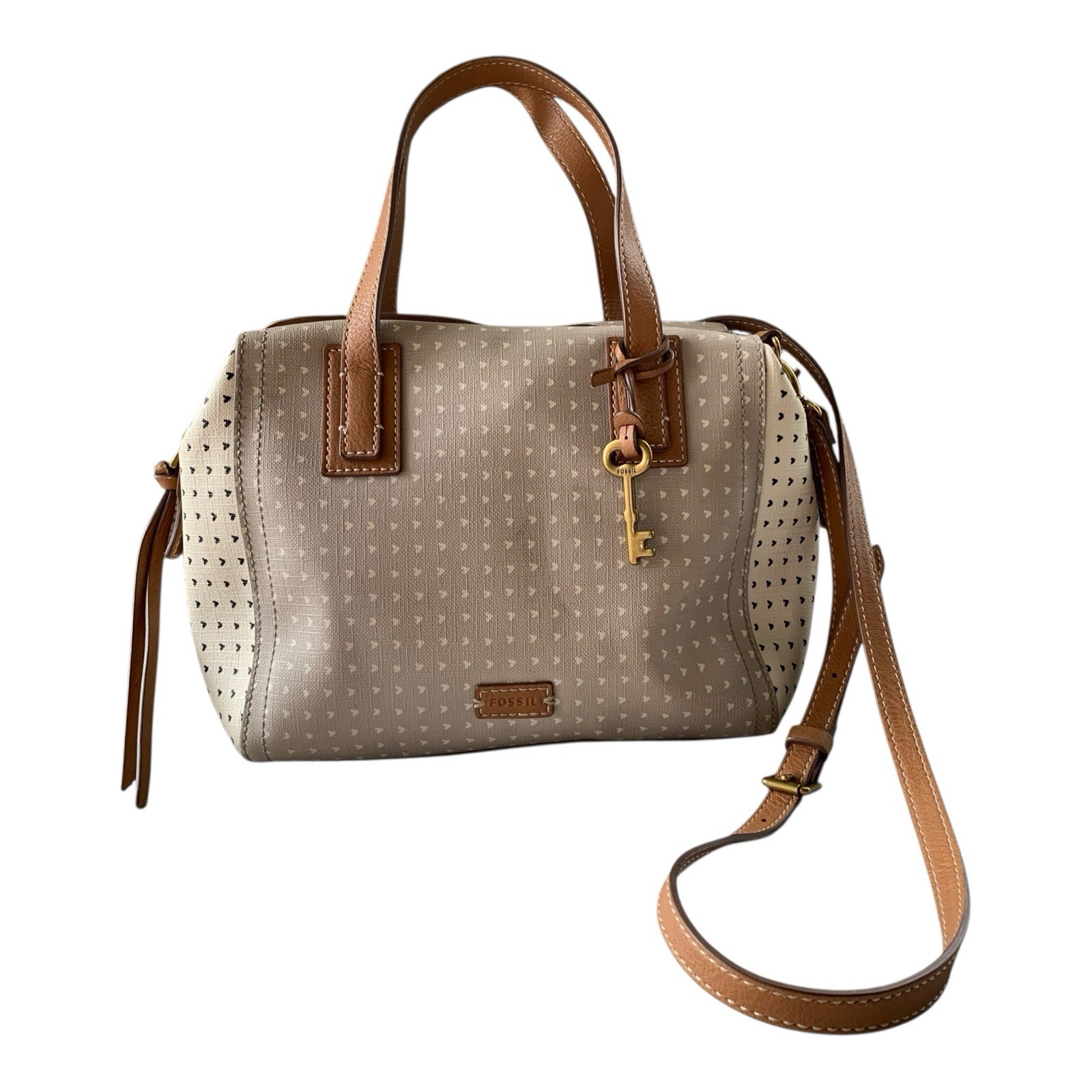 Fossil Emma Hearts Crossbody Satchel Purse Handbag Key Charm Cut Out