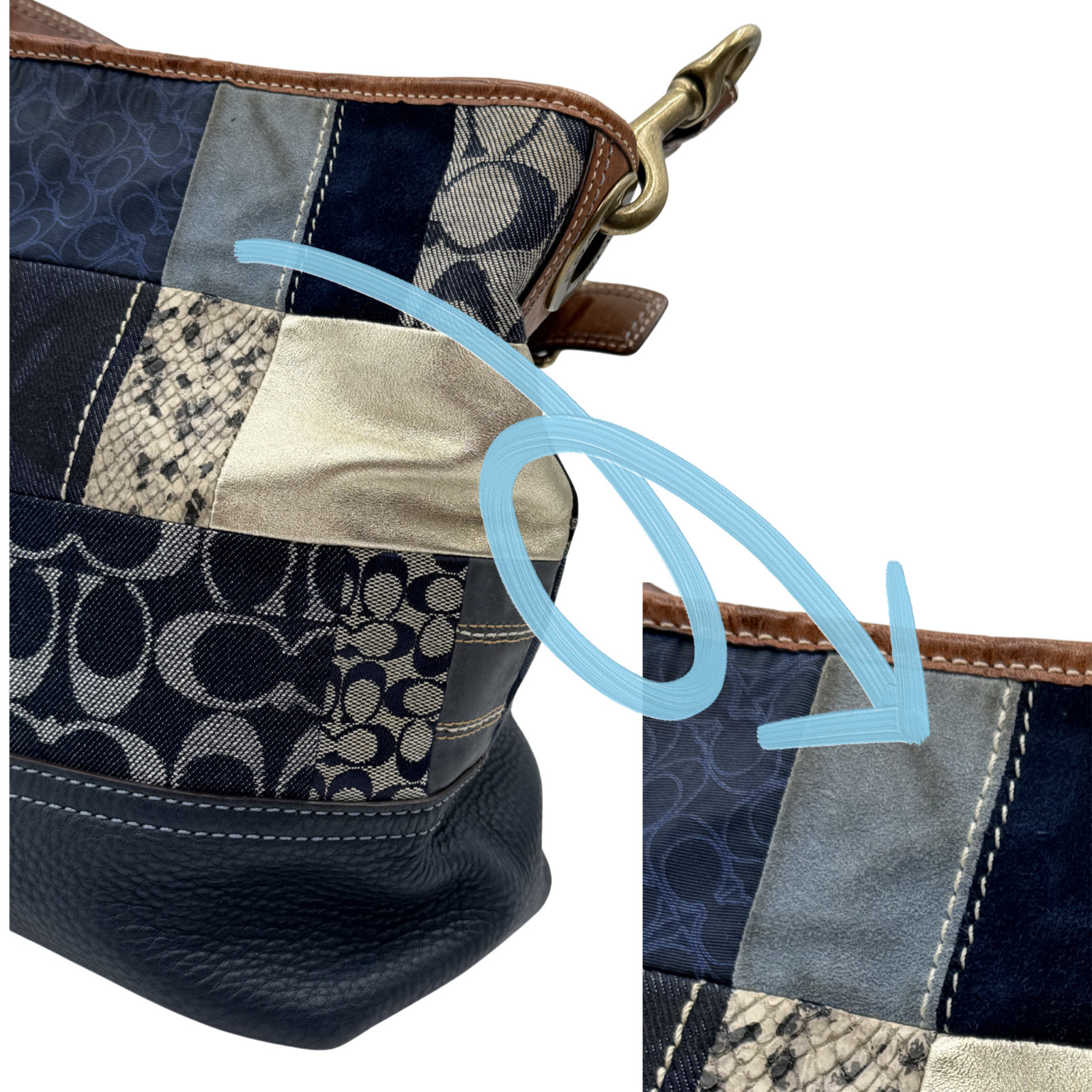 Authentic Coach Vintage Y2K Ergo Denim Patchwork Hobo Bag 10003 Blue Leather EUC
