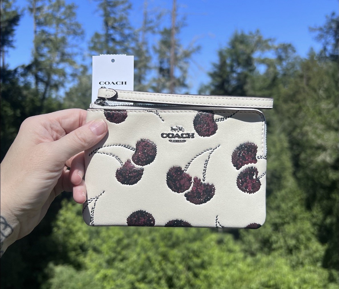 COACH Corner Zip Wristlet With Sequin Cherry Print NWT AUTHENTIC