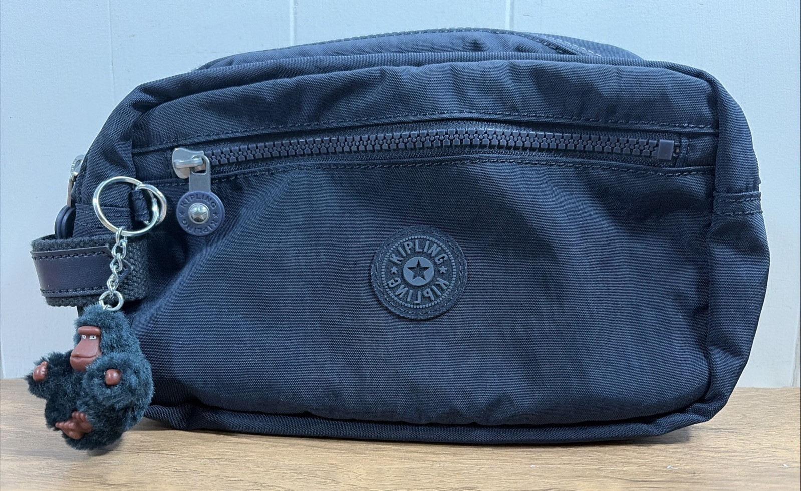 Kipling Agot Navy Blue Nylon Toiletry Bag Travel Organizer Monkey Charm