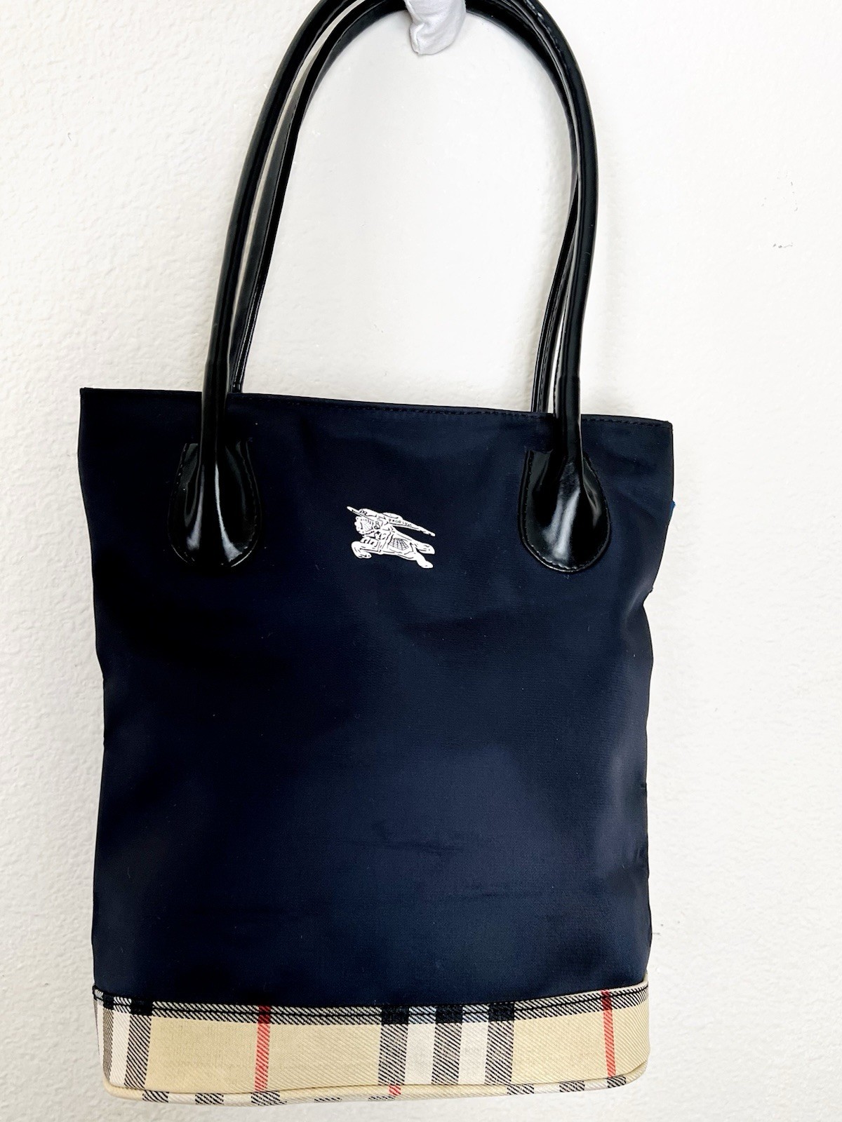 Burberry Blue Label Tote Bag Nylon Black Nova Check Logo Purse Pouch Authentic