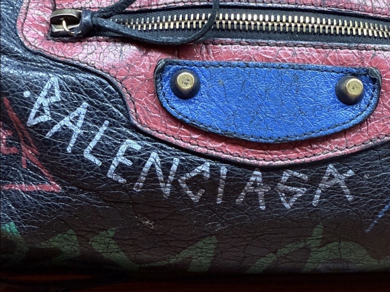 Balenciaga Black Graffiti Satchel Top Handle, Medium, Detachable Strap, Brass