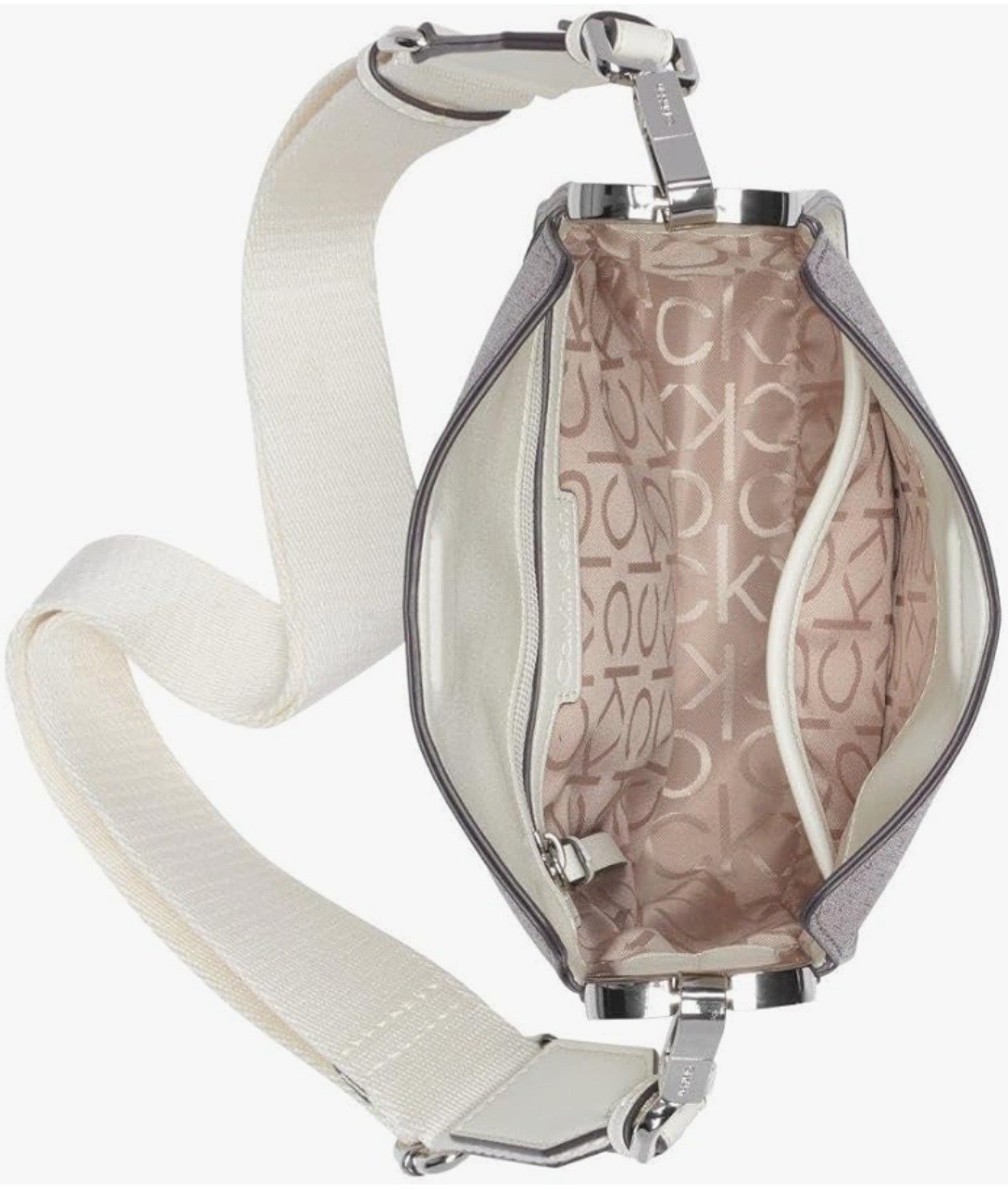 Calvin Klein CK Monogram Small Crossbody Bag Zip Adjustable Strap Beige/White