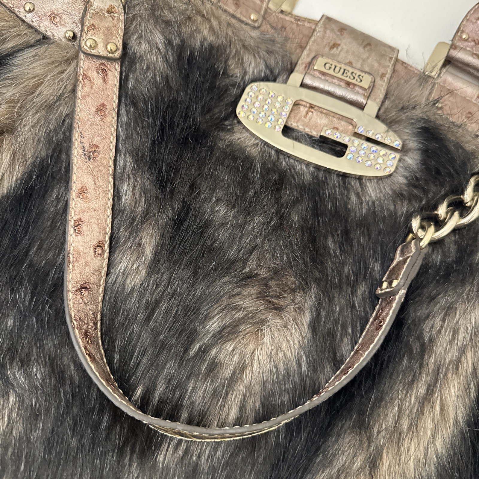 Vintage Y2K Guess Faux Fur Hobo Bag Rose Gold McBling Rhinestone Purse VERY RARE