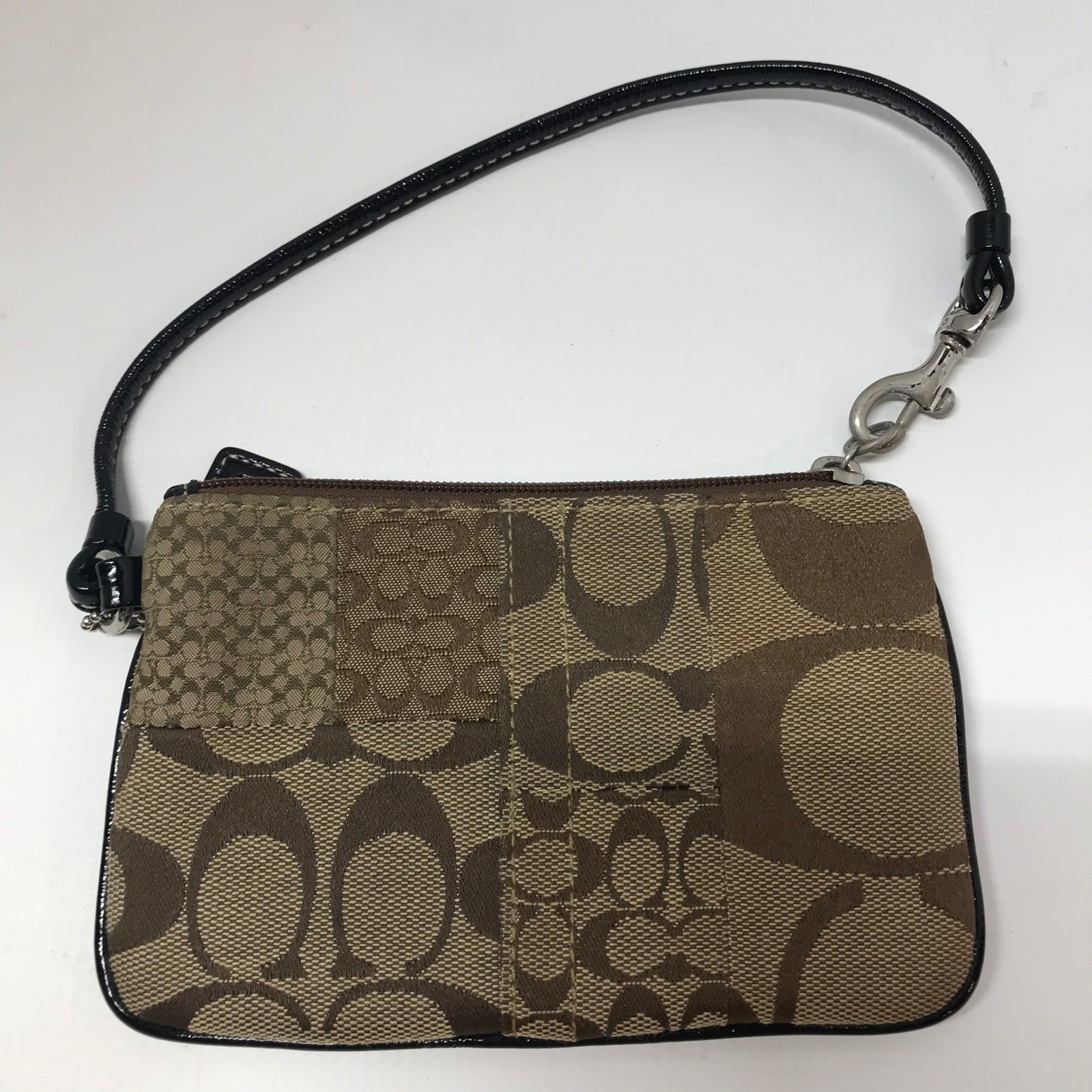 Coach Signature C Patchwork Wristlet Brown Tan Jacquard Teal Lining Small Bag
