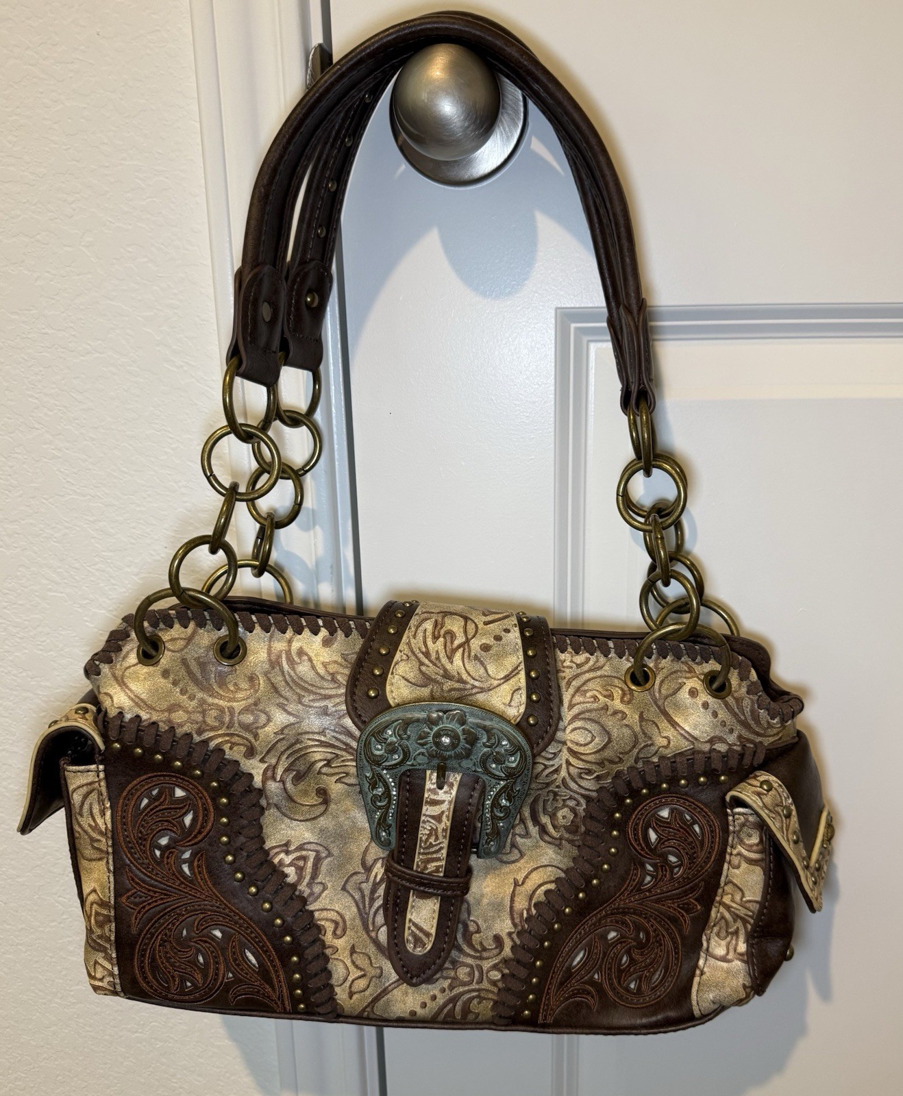 Montana West Select Western Shoulder Bag Buckle Chain Handle Brown Purse