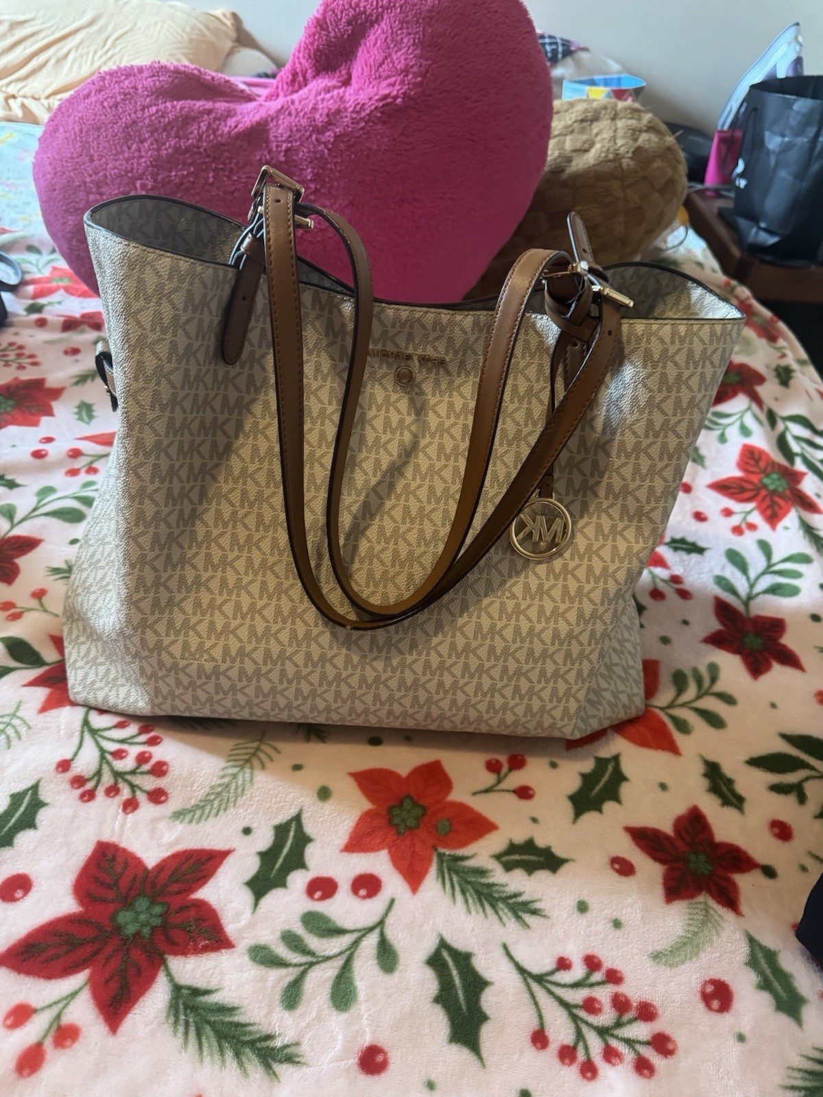 Michael Kors Monogram Tote Bag Women’s Beige/Brown Double Handles Zip Charm