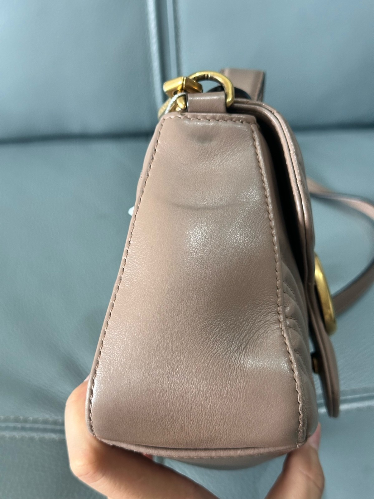Gucci GG Marmont Mini Dusty Pink Calfskin Gold Chain Flap Crossbody Handbag