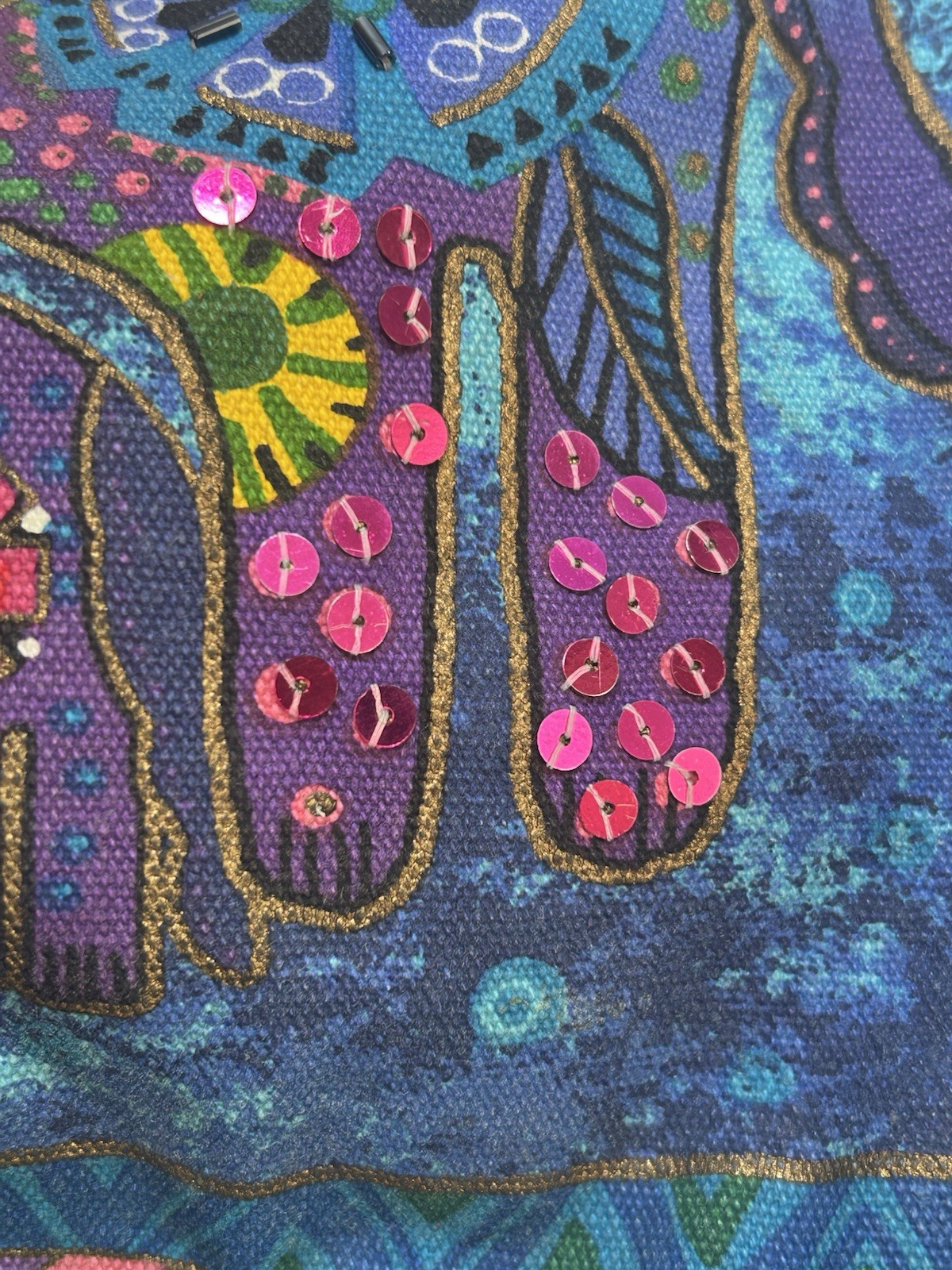 Laurel Burch Canvas Purse Tote Blue With Abstract Dogs Colorful Sequin Bag Charm