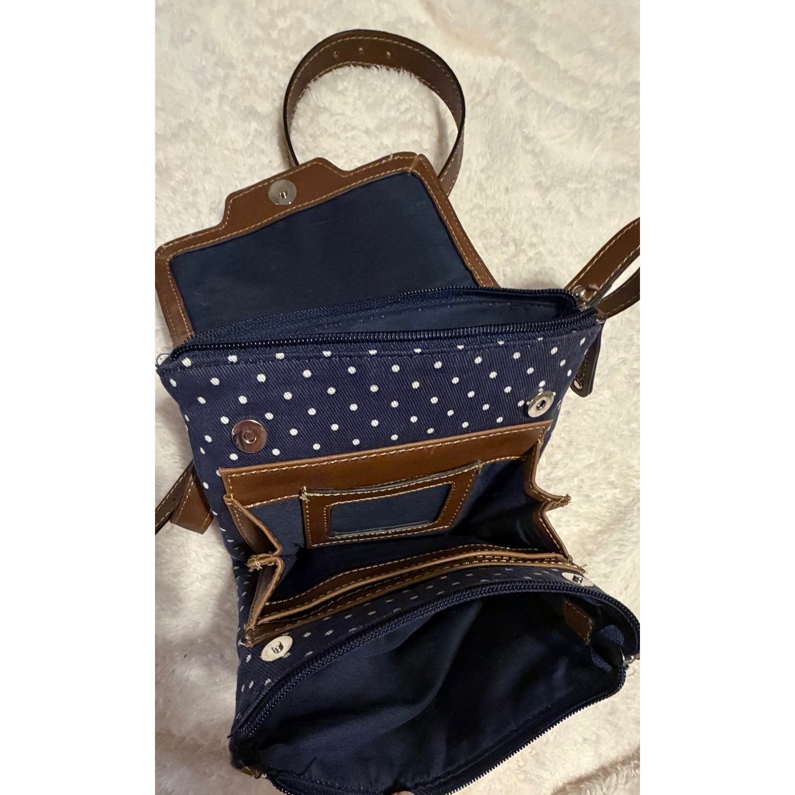 Chaps Navy Blue Polka Dot Crossbody Bag Brown Trim Canvas Small Messenger Purse