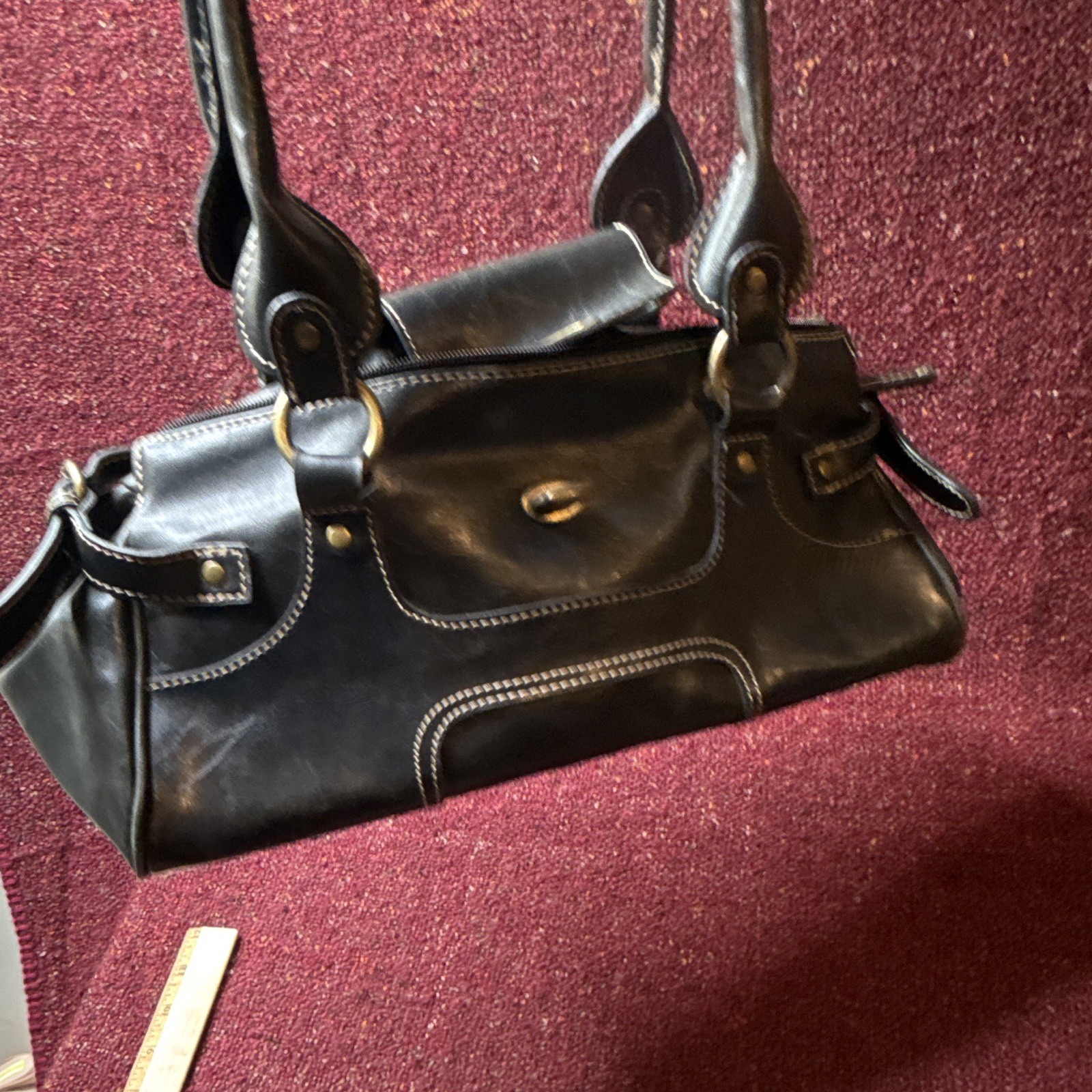 Women’s Black Satchel Top Handle Bag Zip Turn Lock Double Handles Brass HW