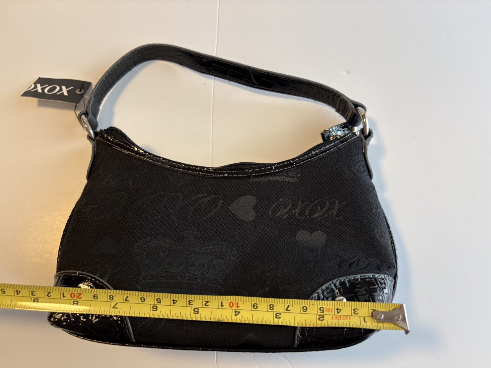 VTG XOXO Black Jacquard Purse Hearts Script Print Silver Hardware Cyber Y2K NEW