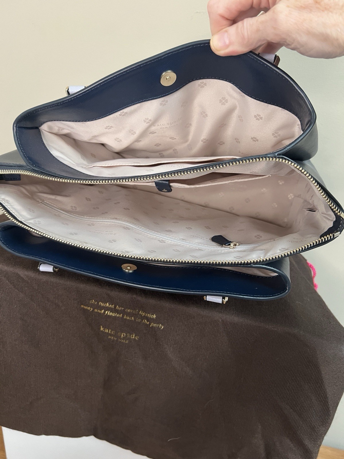 kate spade new york Blue Medium Tote, Zip Top, White Handles, Dust Bag, Gold