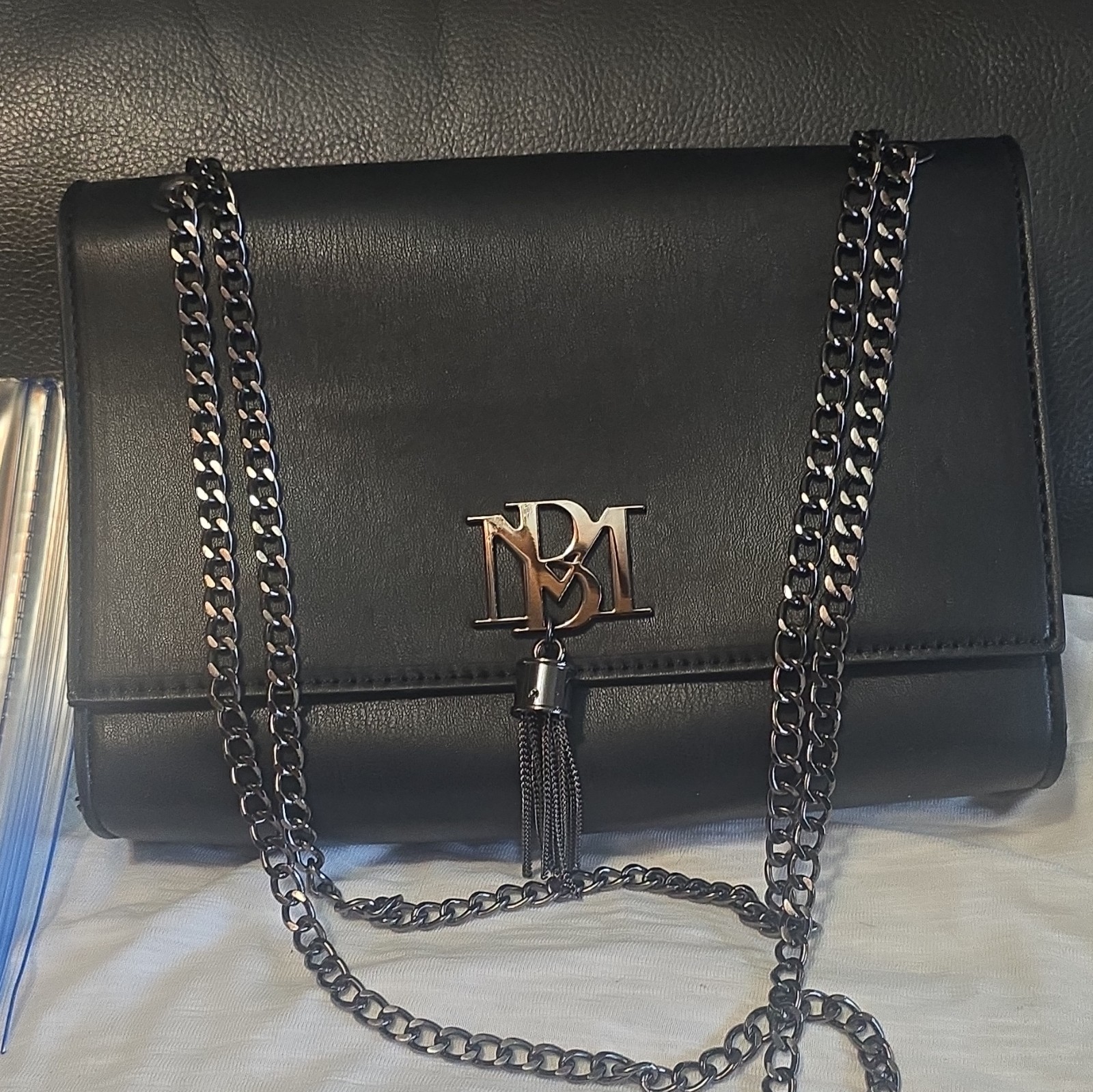 Black Crossbody Clutch Chain Strap Logo Tassel Charm Magnetic Closure