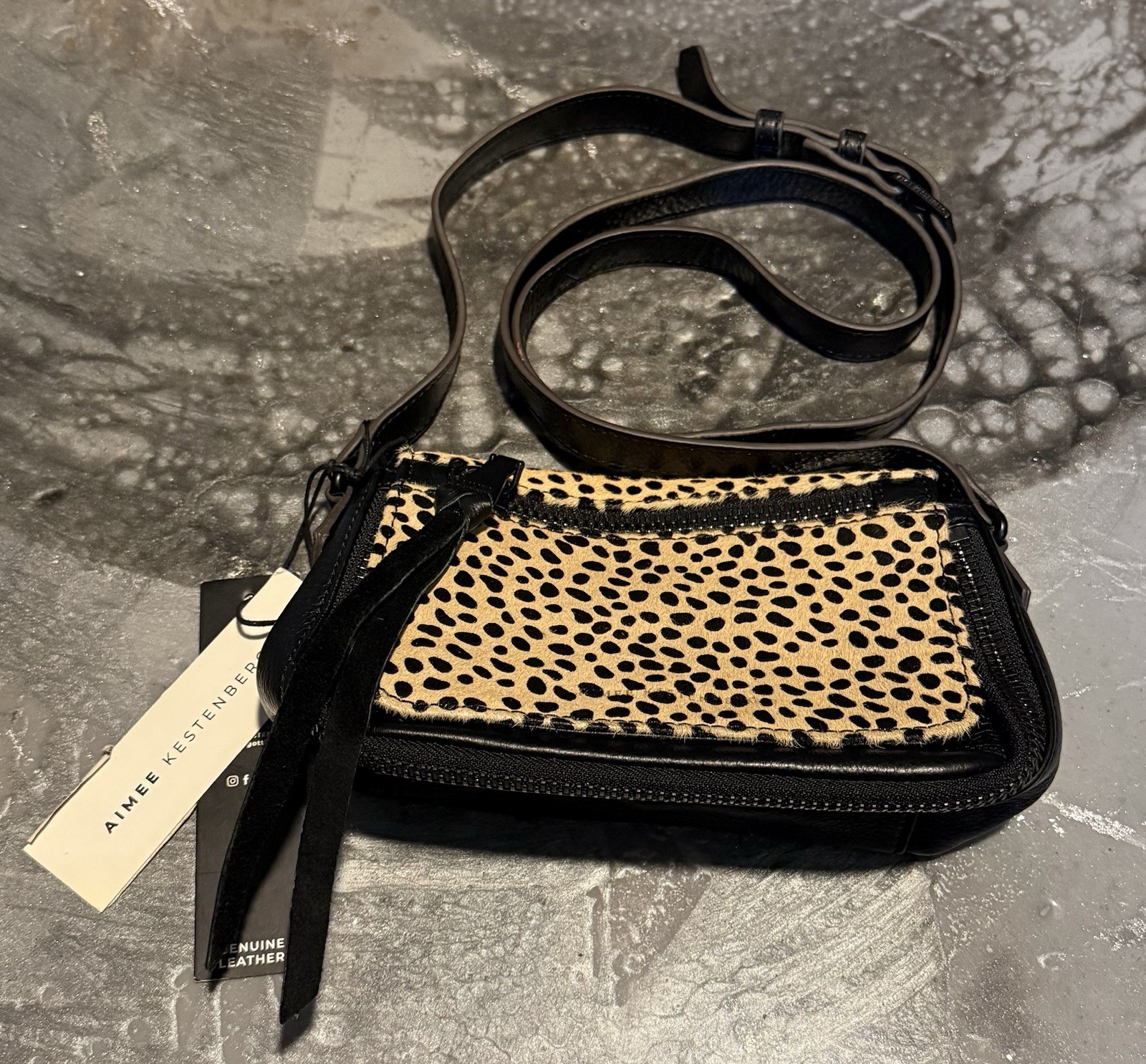 Aimee Kestenberg Black Leopard Animal Print Crossbody Zip/Mag Snap Pockets